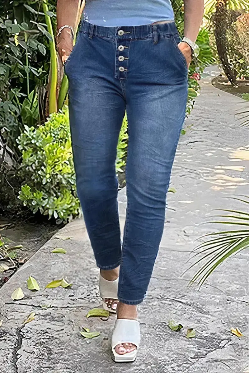 Button Fly Slant Pocket Mid Rise Straight Leg Jeans