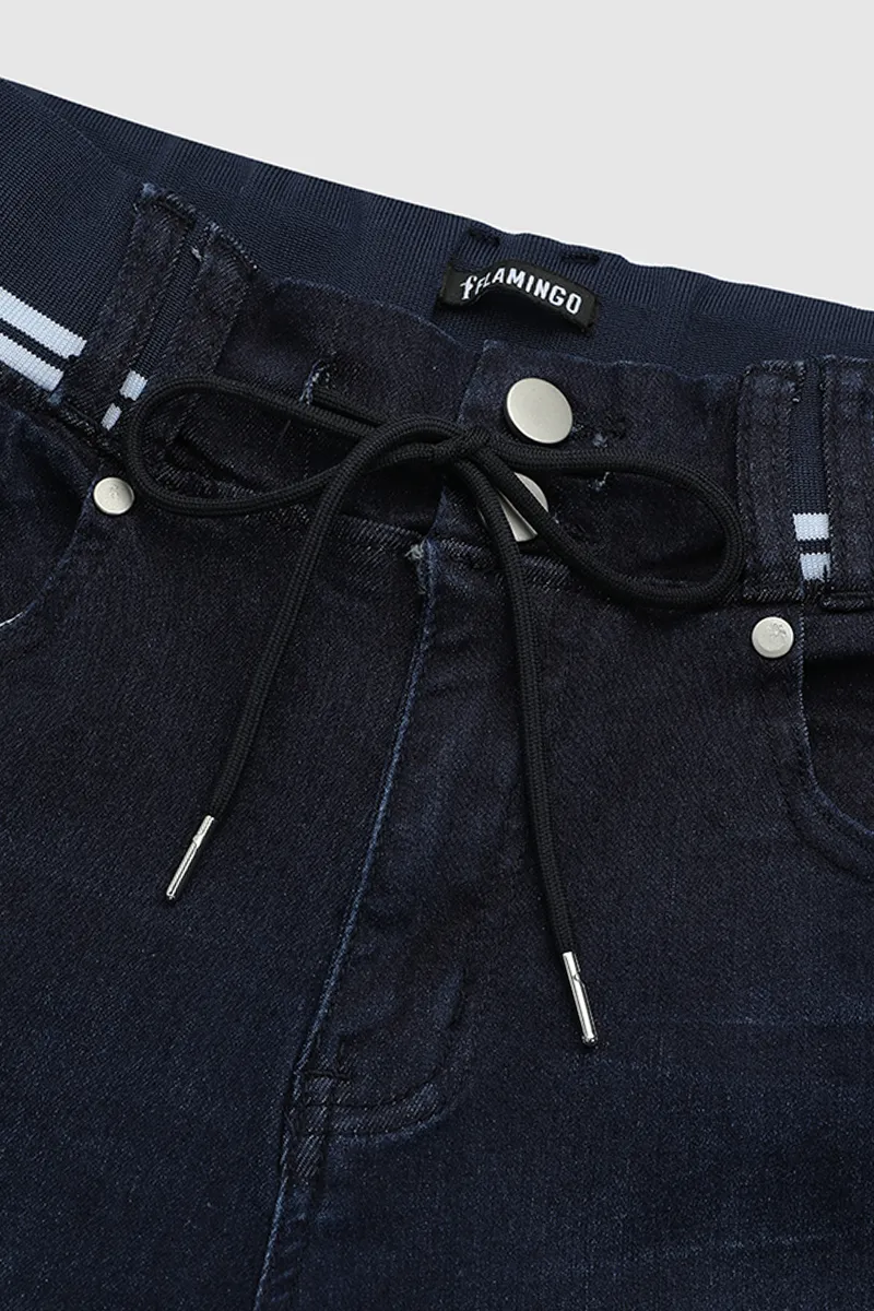 Wash Contrast Binding Double Button Drawstring Mid Waist Capri Jeans
