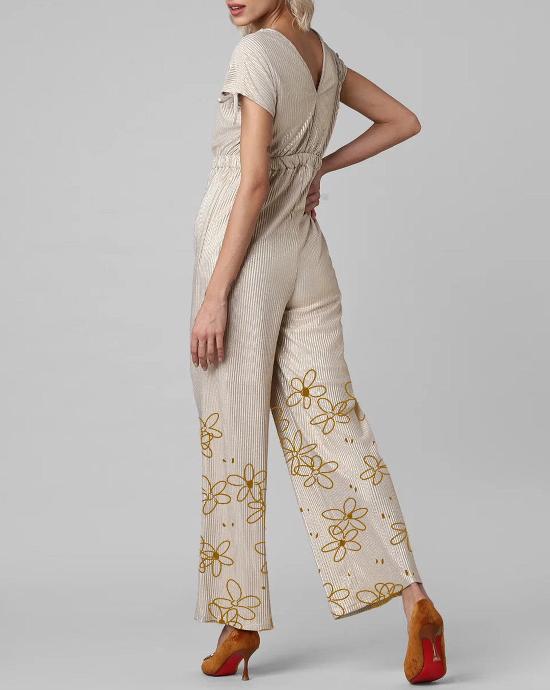 Creamy White V Neck Floral Print Jumpsuit