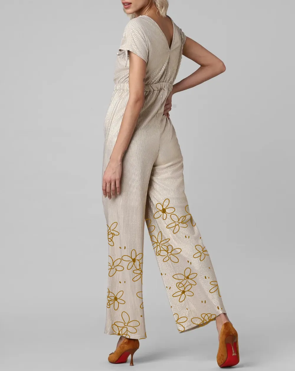 Creamy White V Neck Floral Print Jumpsuit