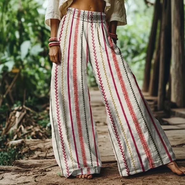 Vintage Bohemian Striped Art Women's Linen Blend Casual Pants
