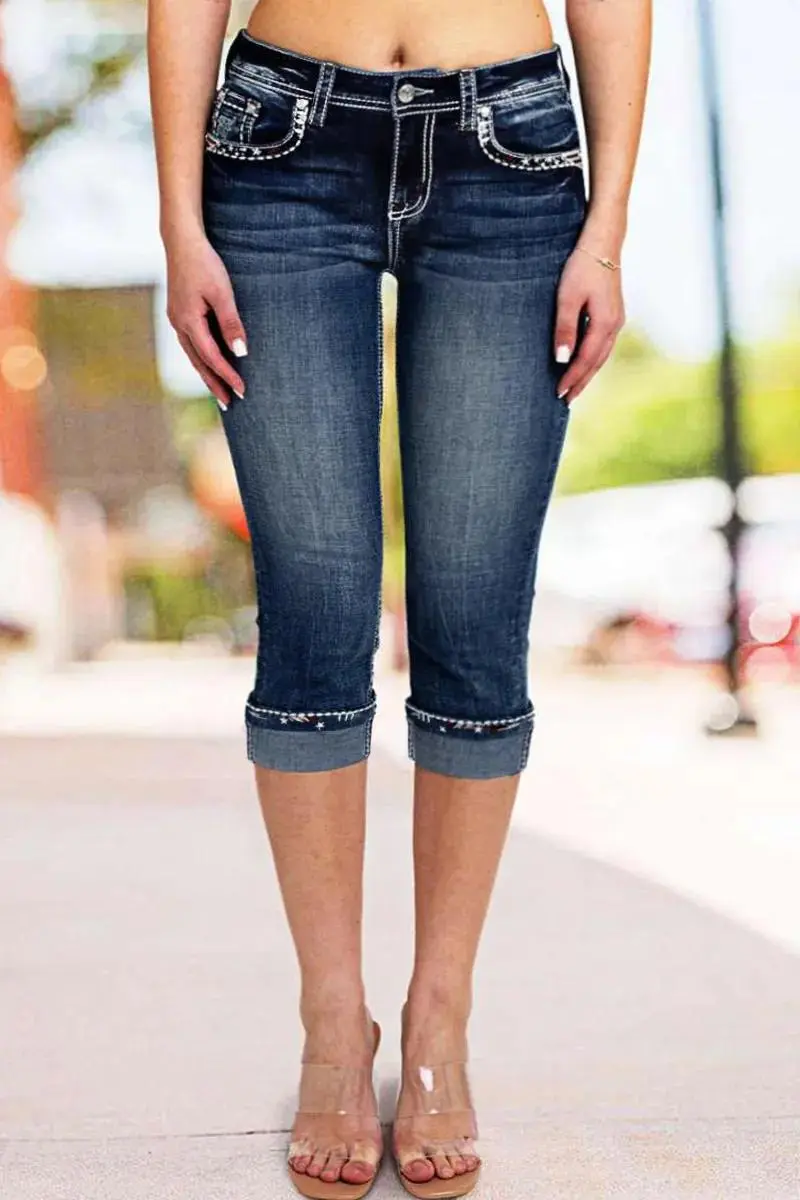 Cross Embroidered Wash High Stretch Mid Rise Capri Jeans