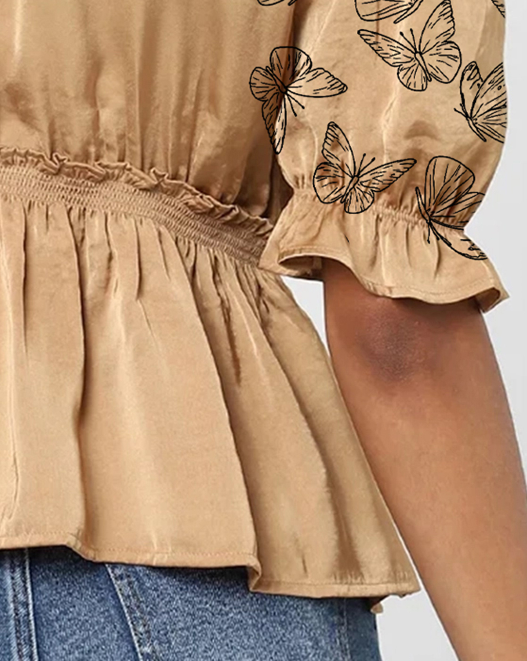 Tan Butterfly Embroidered Puff Sleeve Top