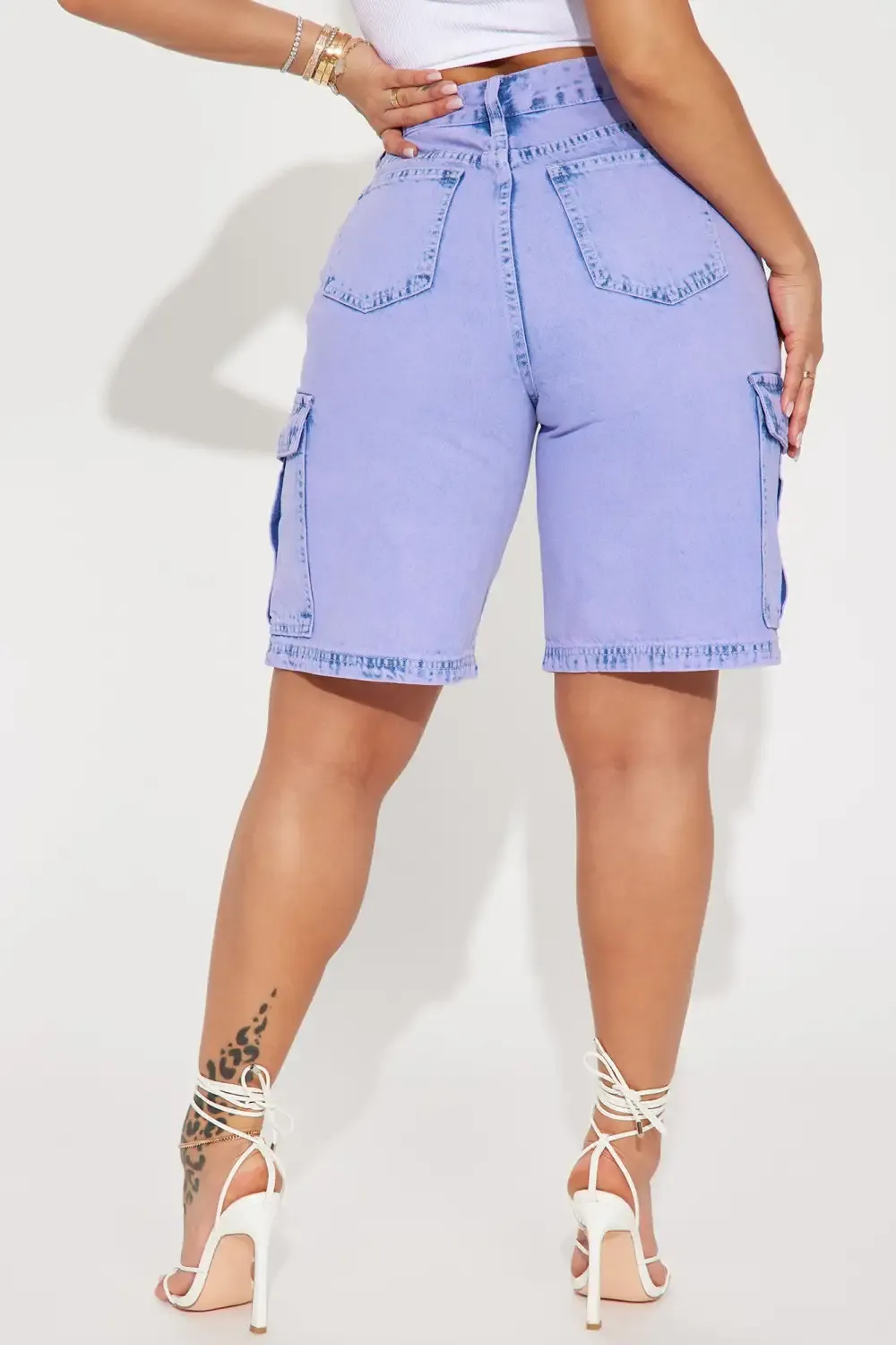 One More Time Non Stretch Cargo Denim Shorts - Purple