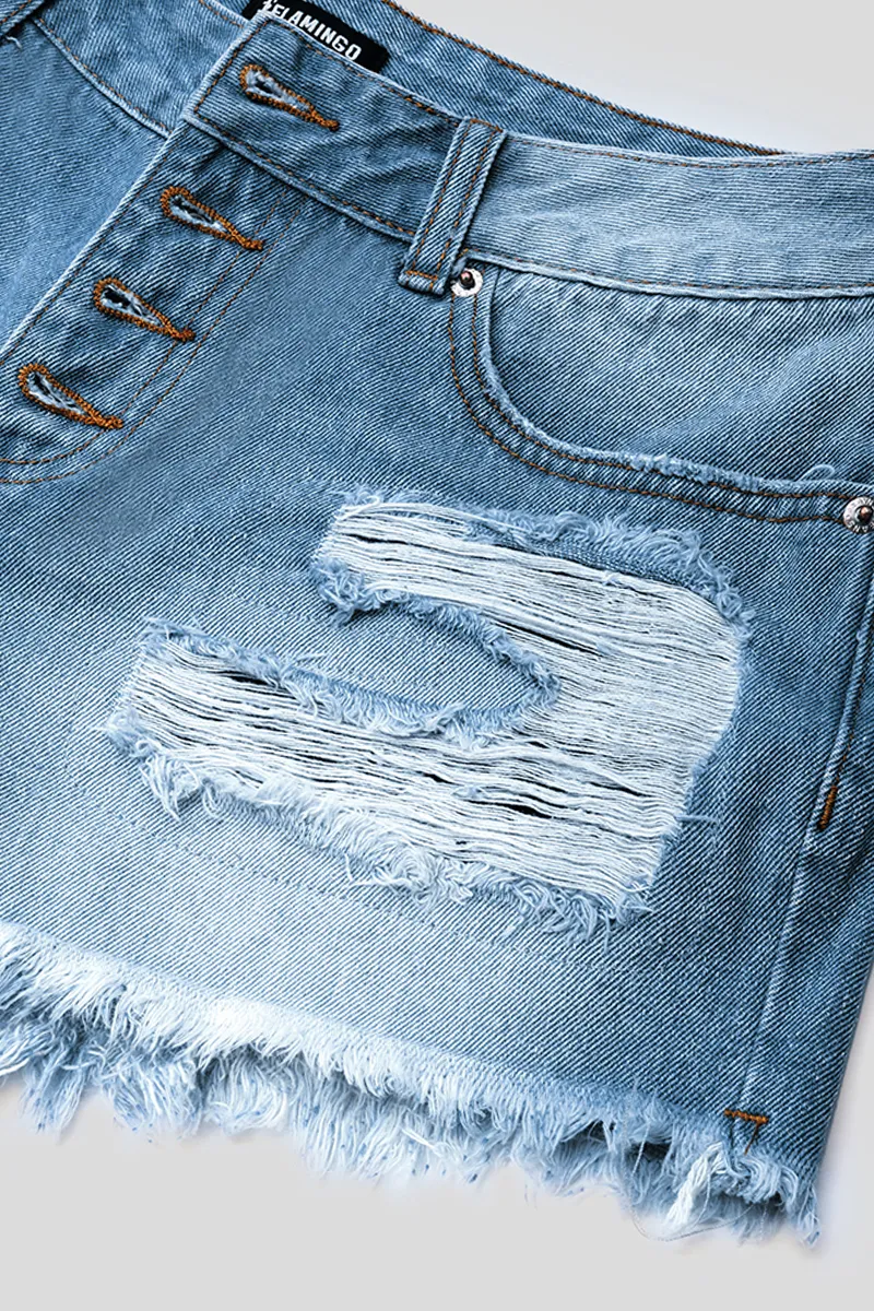 Button Fly Ripped Raw Hem Low Rise Denim Shorts
