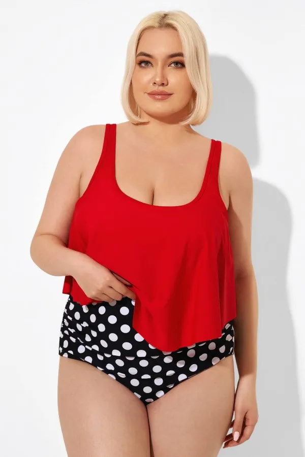Striped Scoop Neck Ruched Flounce Blouson Tankini Top