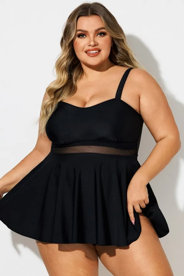 Plus Size Black Contrast Mesh Sweetheart Neck Swimdress