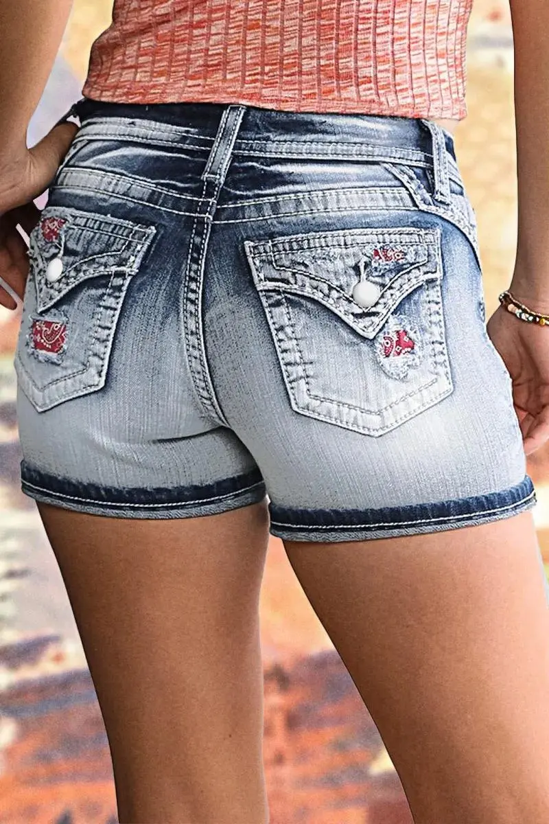 Wash Paisley Patched Ripped Mid Rise Denim Shorts
