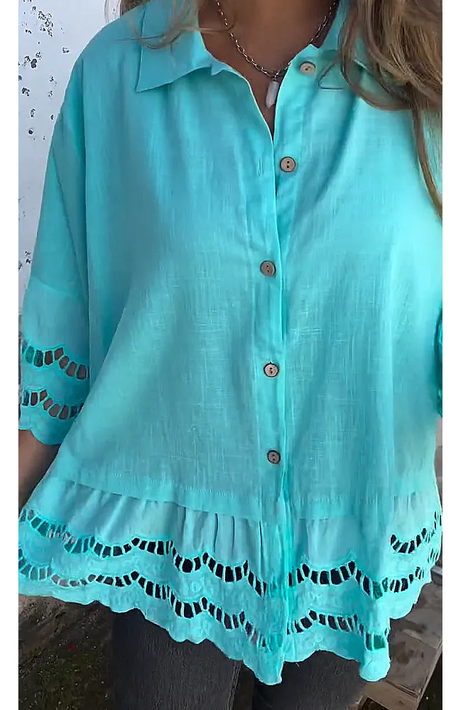 Women's solid color cotton and linen hollow out shirt