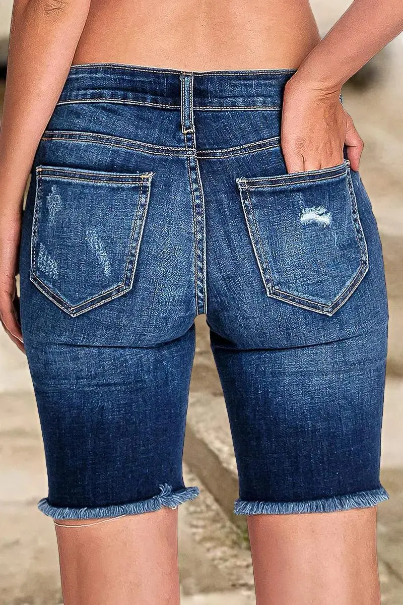 Ripped Raw Hem Mid Waist Denim Mid Thigh Shorts