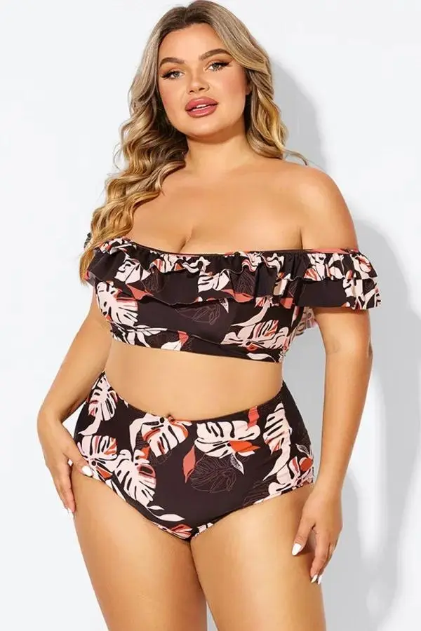 Flower Print Ruffle Women Bikini Top