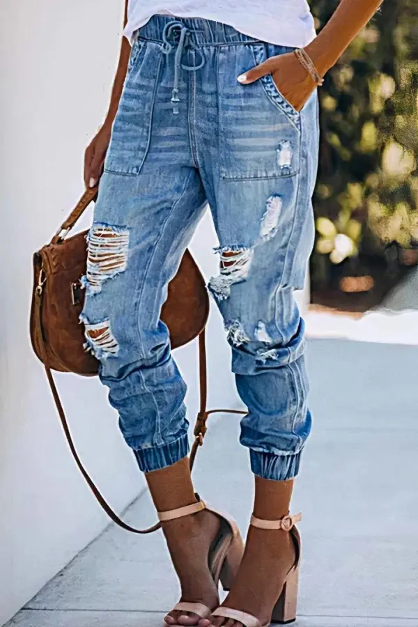 Cut Out Slant Pocket Drawstring Mid Rise Straight Leg Cropped Jeans