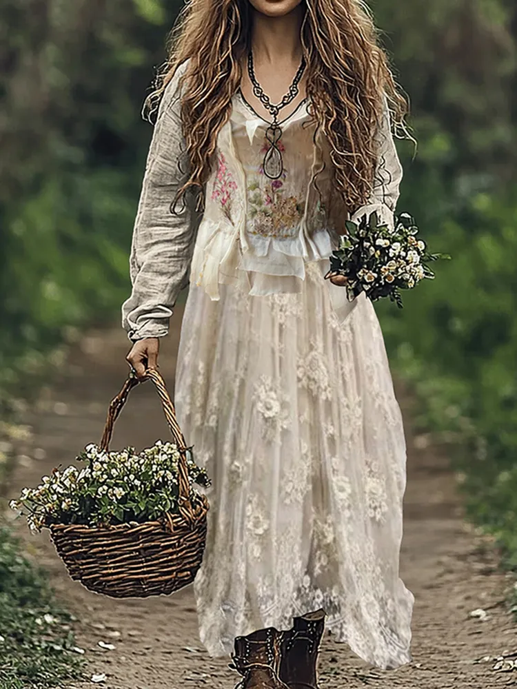 Retro Floral Lace Embroidery Art Linen Blend Maxi Dress