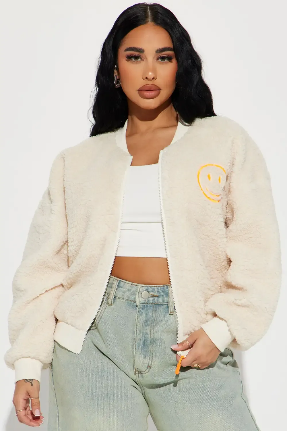 Fake Smiles Embroidered Sherpa Jacket - Cream