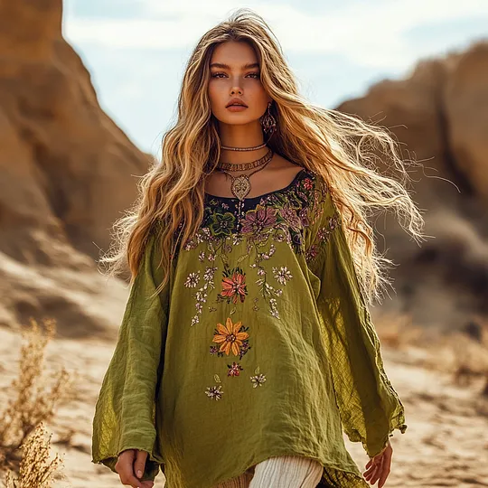 Retro Holiday Bohemian Art Holiday Print Cotton And Linen Blend Loose Blouse