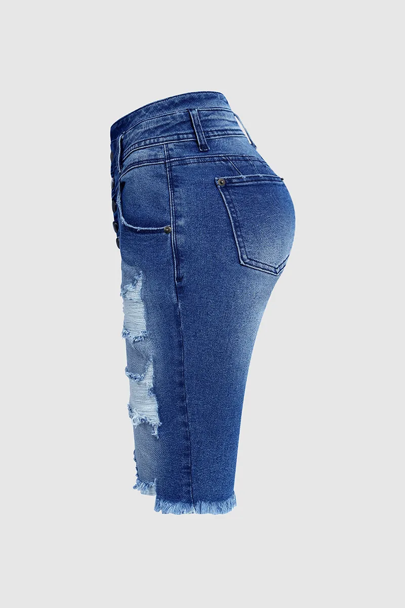 Ripped Button Fly Notched Waist Raw Hem Denim Bermuda Shorts