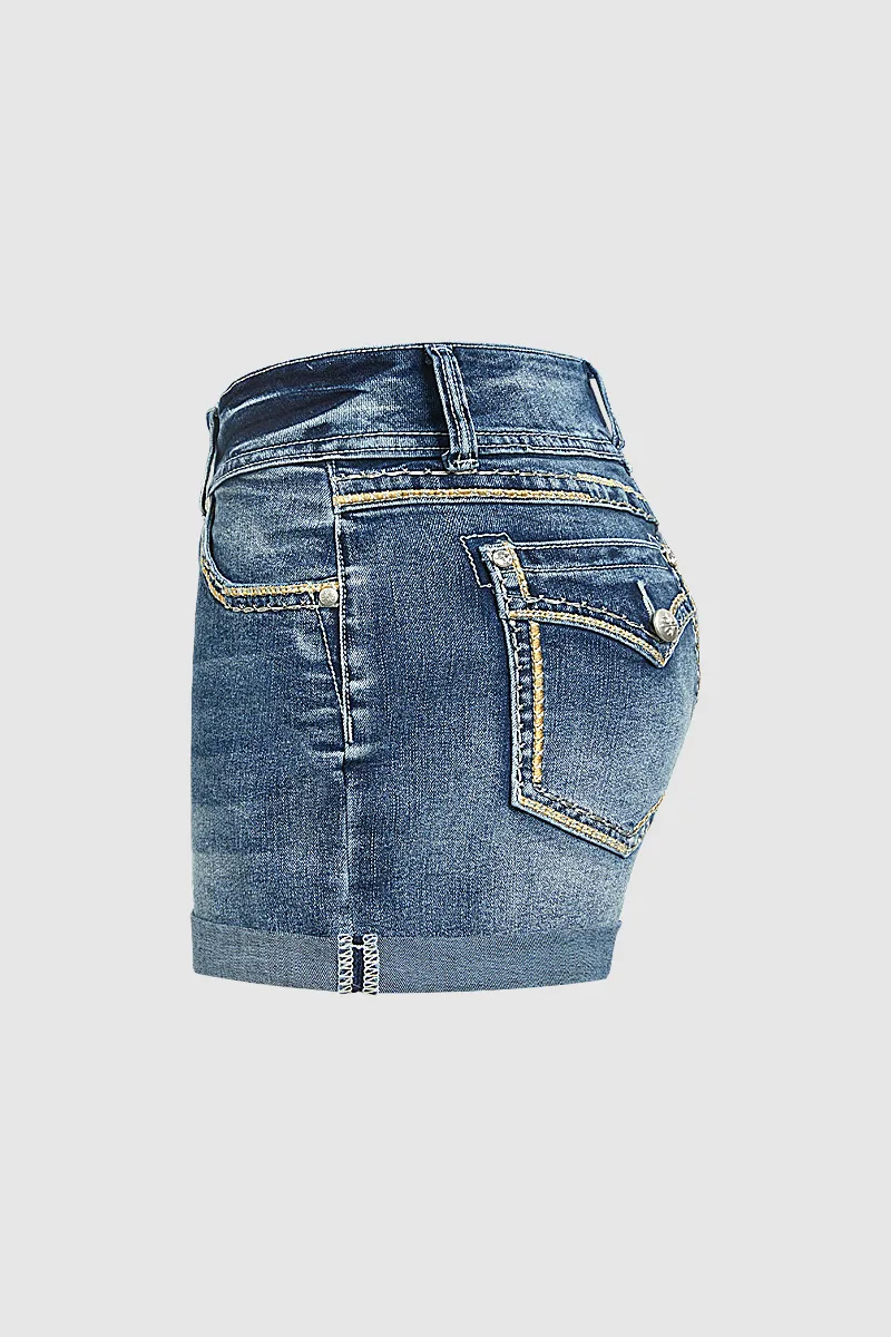 Roll Hem Double Button Mid Rise Denim Shorts