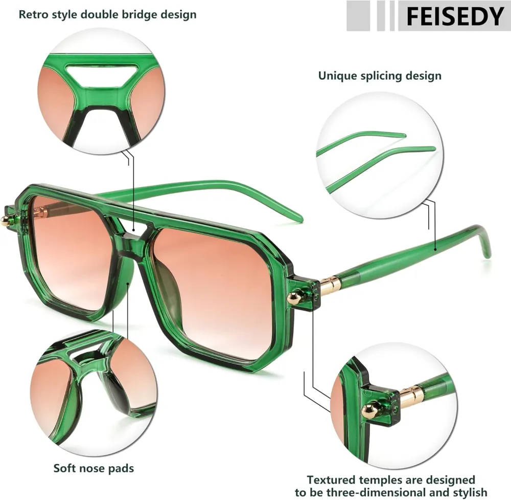 FEISEDY Vintage Square 70s Flat Aviator Sunglasses Women Men Classic Retro Stylish Frame UV400 Sunglasses B2622