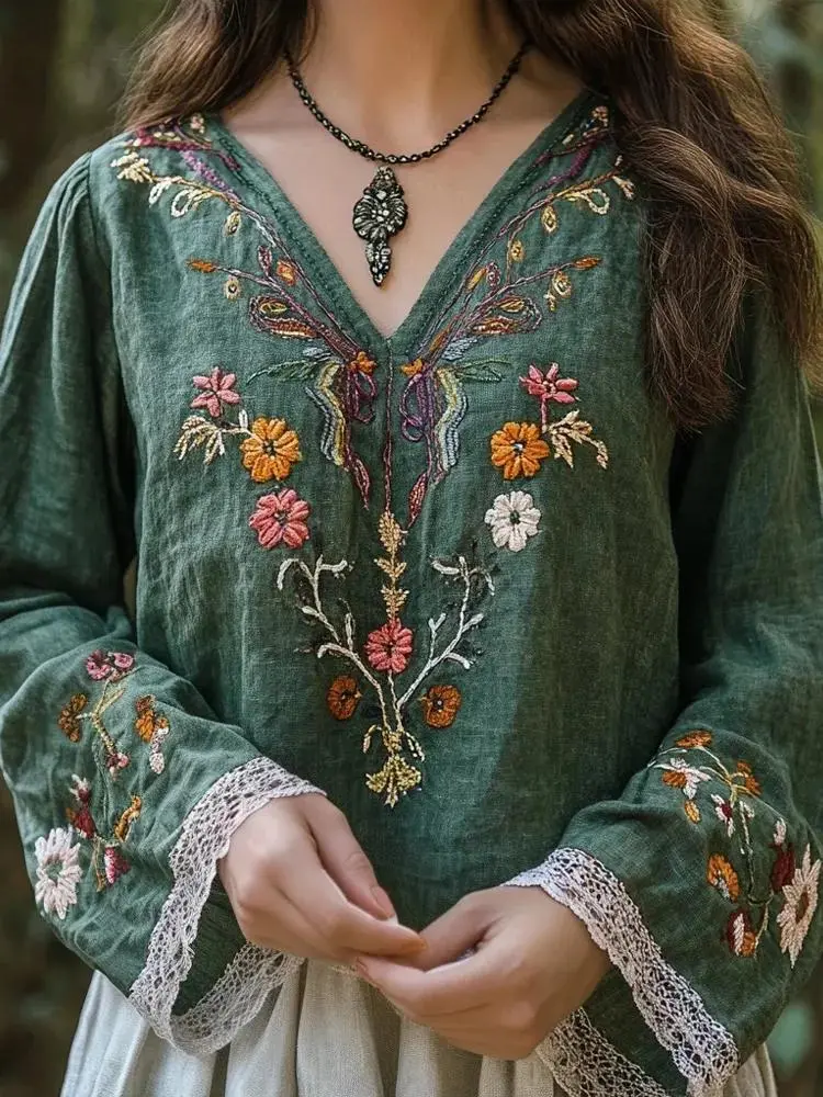 Vintage Boho Floral Embroidered Linen Blend Cozy Tunic