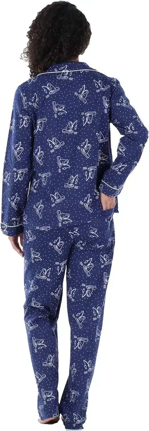 Women's Cotton Flannel Long Sleeve Button-Down Pajamas PJ Set