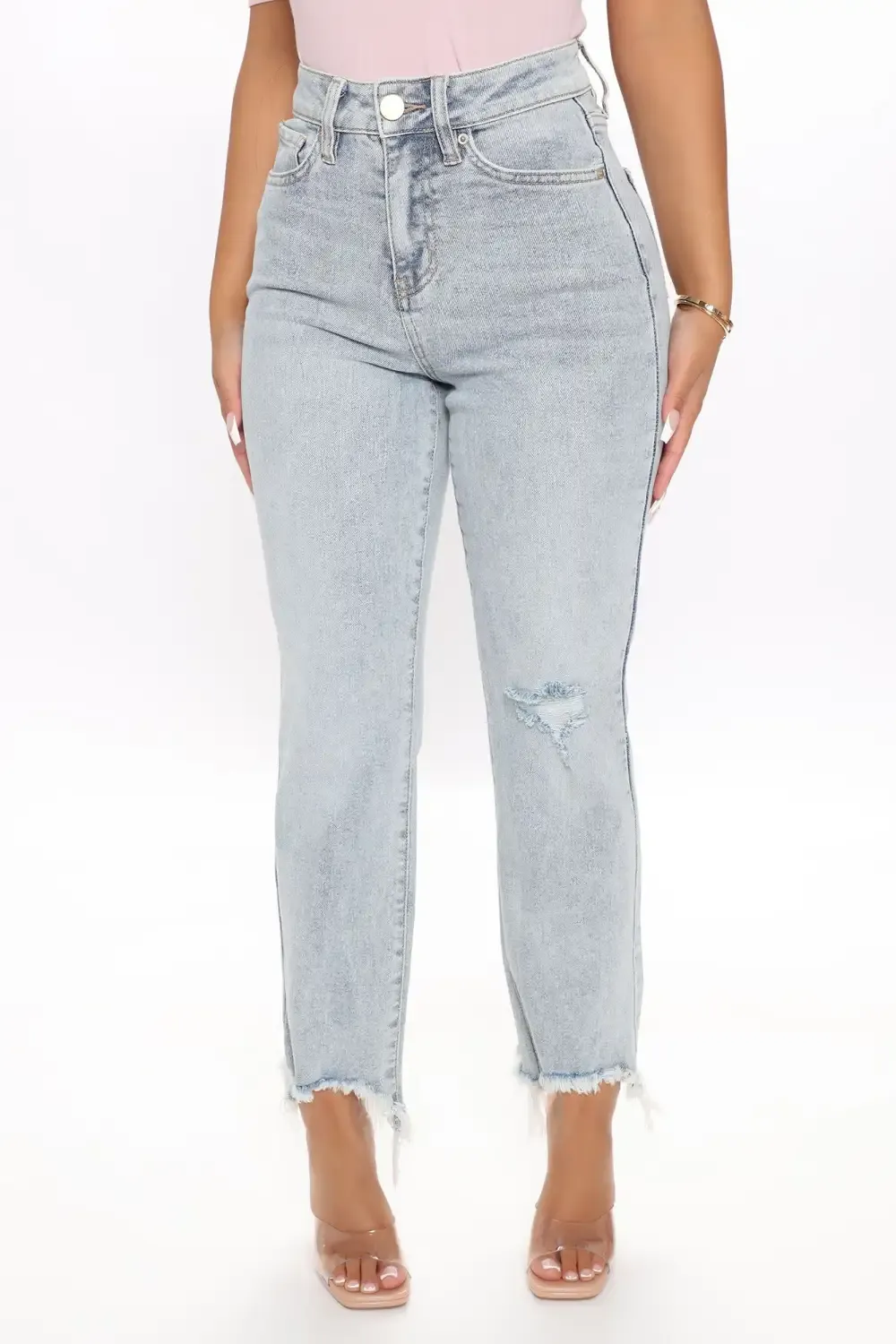 Time Out Crossover Distressed Vintage Ankle Jeans - Light Blue Wash