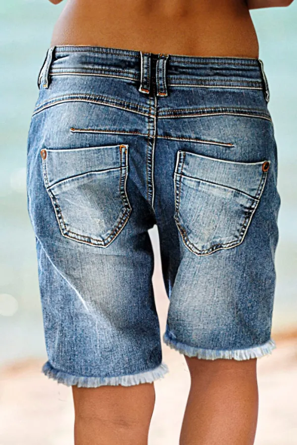 Button Fly Raw Hem Mid Waist Denim Mid Thigh Shorts