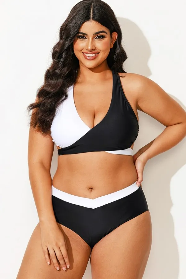 Plus Size Black And White Adjustable Tie-Back Bikini Top