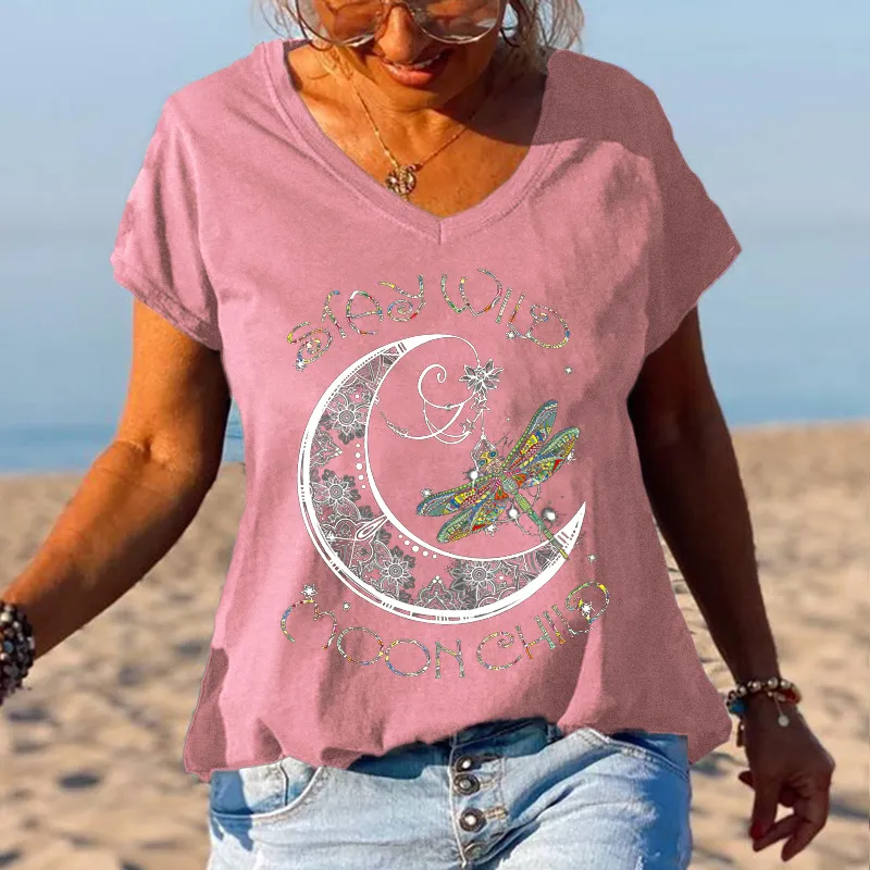 Stay Wild Moon Child Dragonfly Black T-shirt