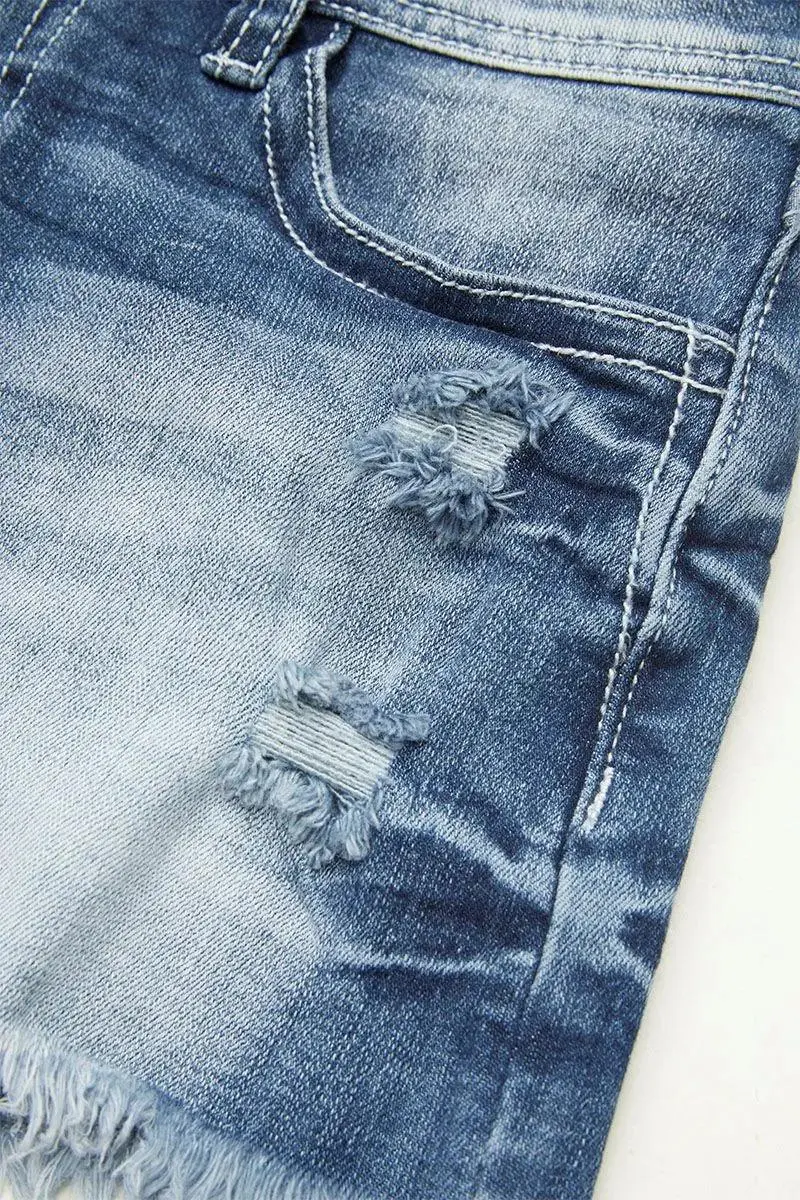 Star Embroidered Raw Hem Mid Rise Denim Shorts