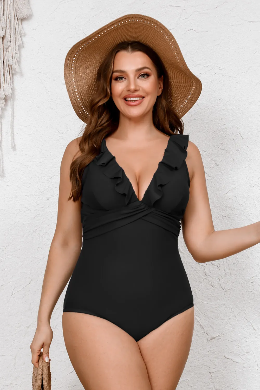 Black Ruffled Tummy Control Retro One-Piece