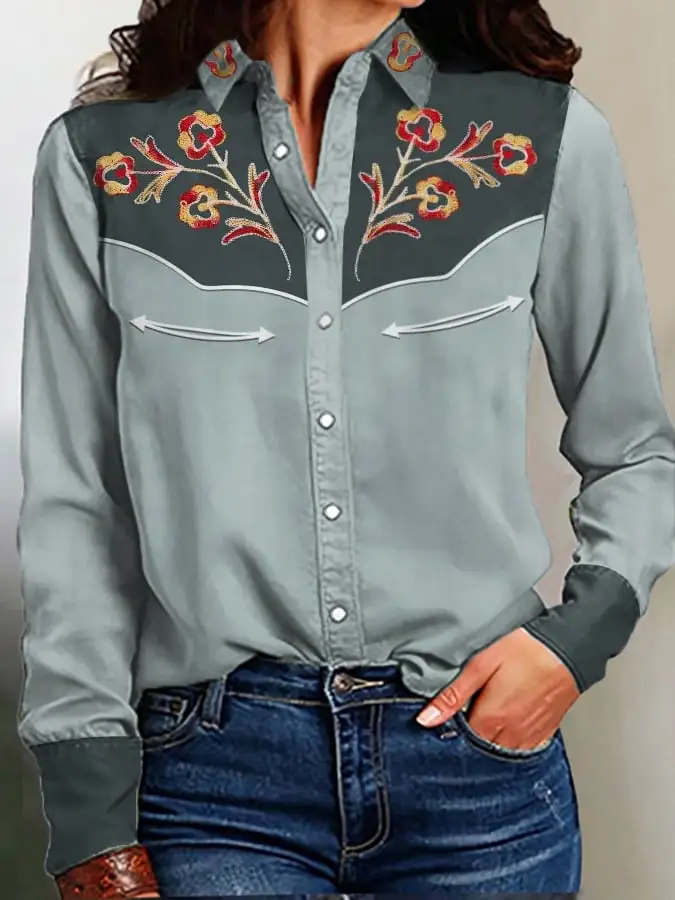 Women's Vintage Western Print Long Sleeve Shirt