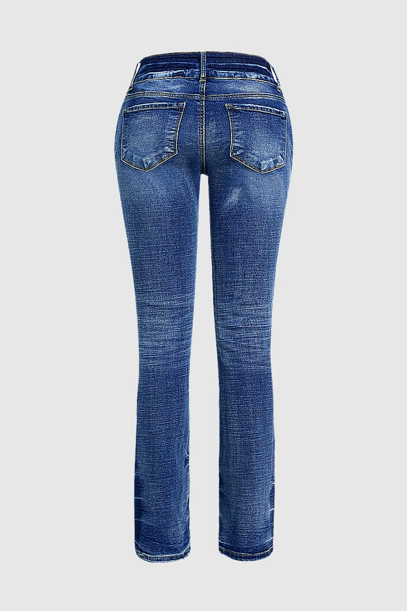 Ripped Double Button Mid Waist Skinny Jeans