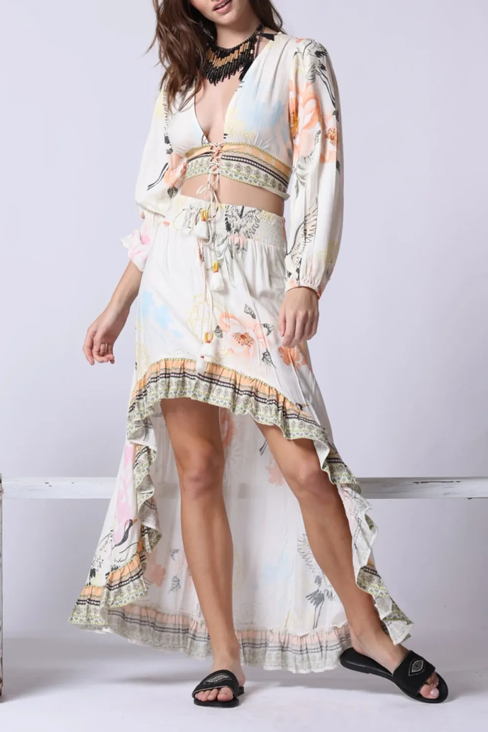 White And Multicolor Floral Print Crop Top And Asymmetrical Skirt Set