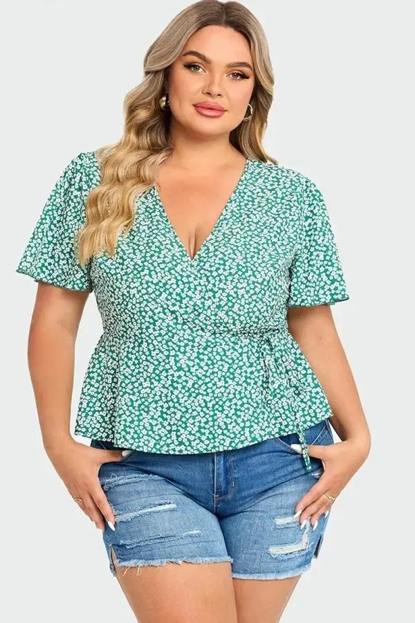 Floral Print Butterfly Sleeve Wrap Knot Side Blouse