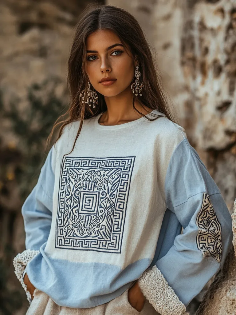 Vintage Greek Key Motif Patchwork Lace Cotton Linen Contrast Shirt