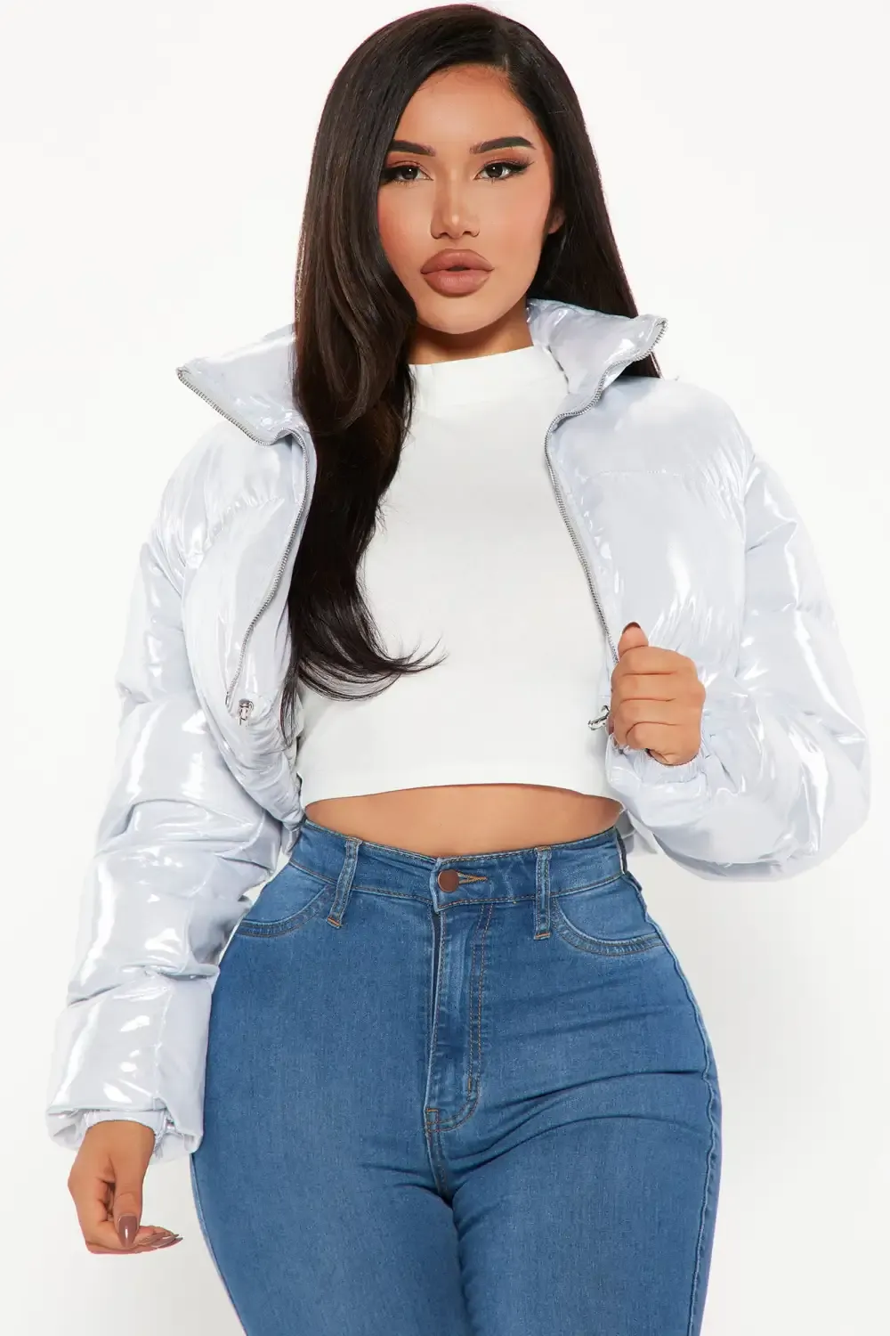Cause A Scene Cropped Puffer Jacket - Silver