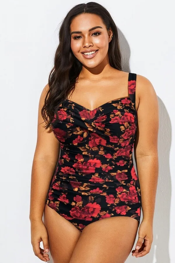 Floral Print Twist Front Push Up One Piece Swimsuit