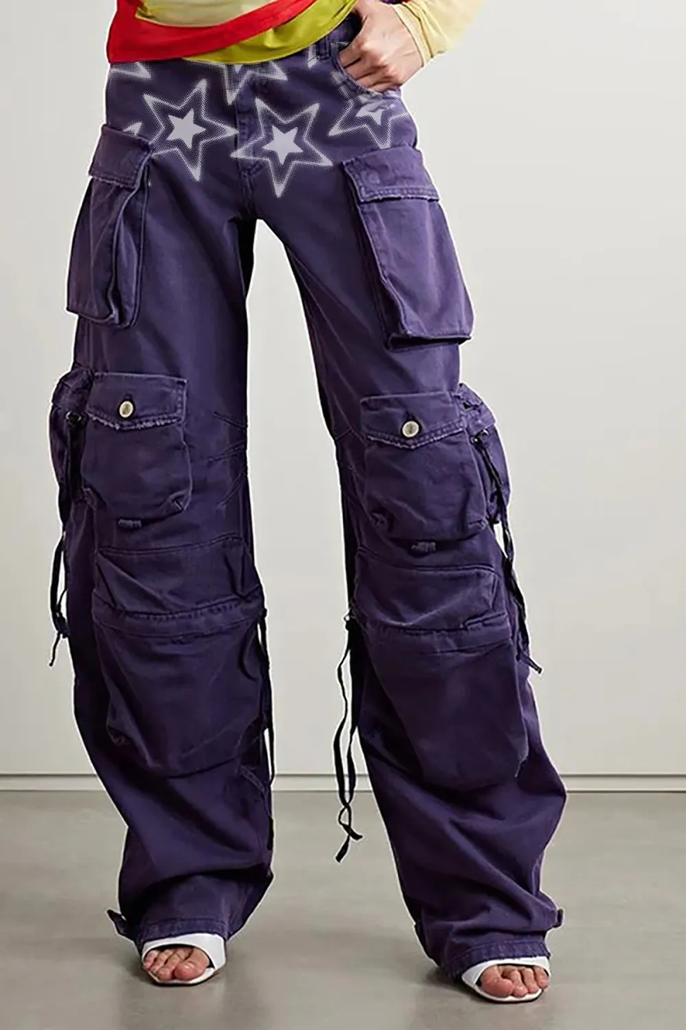 Offbeat Multi Pocket High Waist Wide Leg Full Length Horseshoe Cargo Jeans
