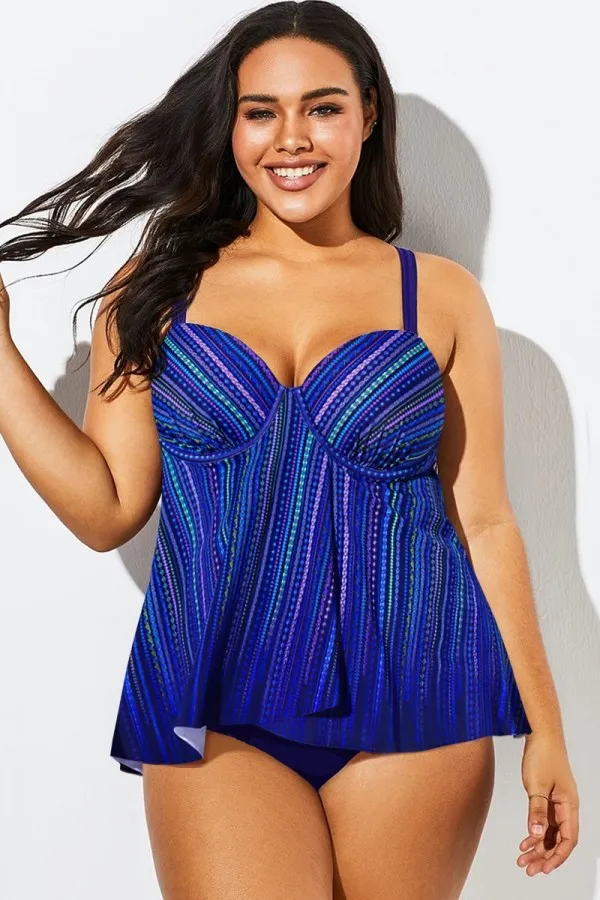 Blue Striped Flowy Sweetheart Neckline Underwire Tankini Top