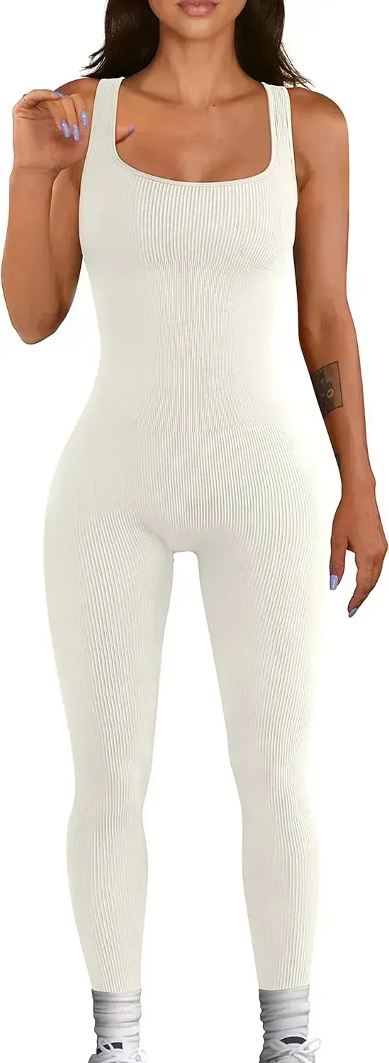 Women's Yoga Ribbed One Piece Tank Tops Rompers Sleeveless Exercise Jumpsuits