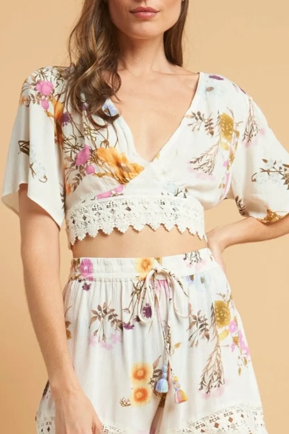 White And Multicolor Floral Print Wrap Crop Top