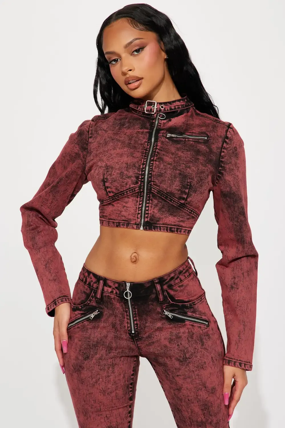 The Fast Lane Stretch Denim Moto Jacket - Red/Black