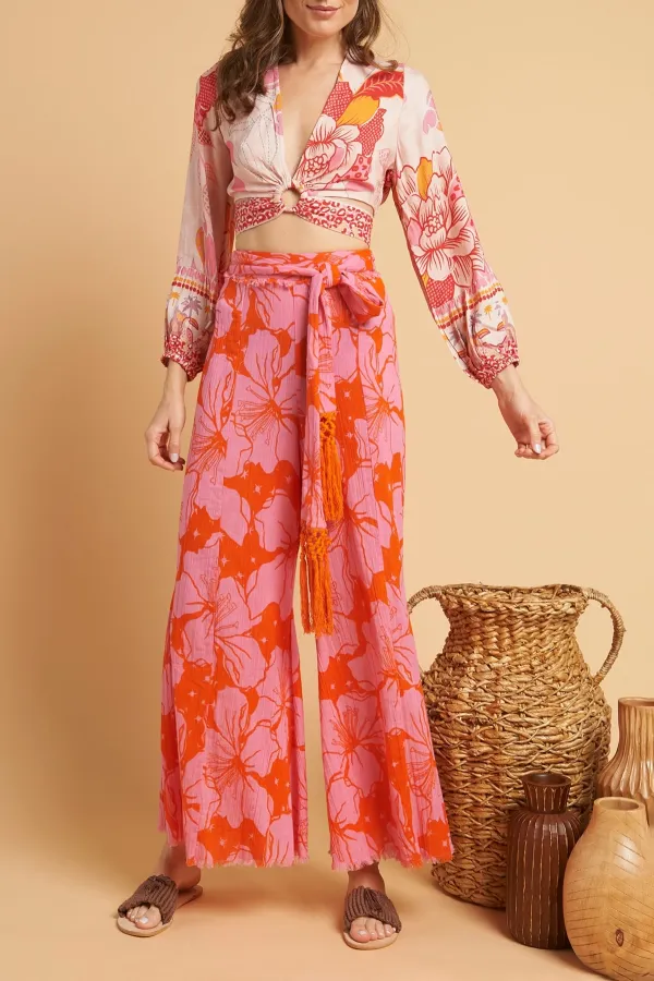 Pink And Orange Floral Print Wide Leg Pants