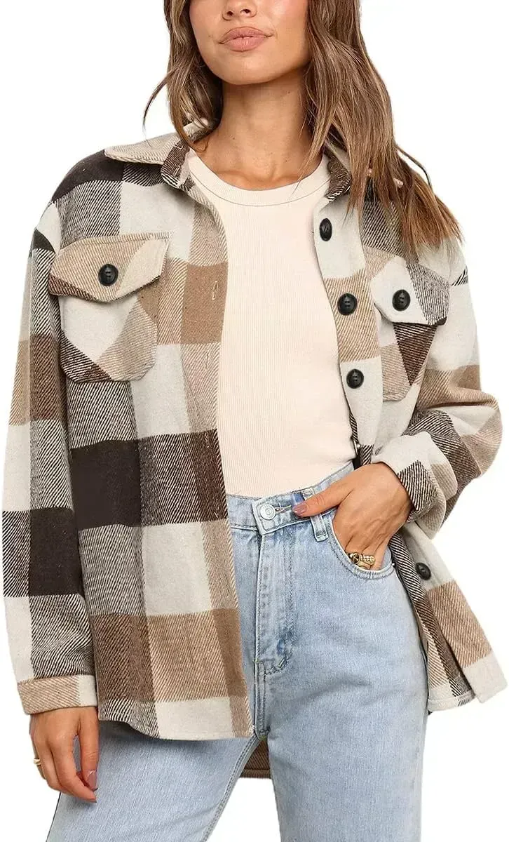 Womens Casual Plaid Shacket Button Down Long Sleeve Shirt