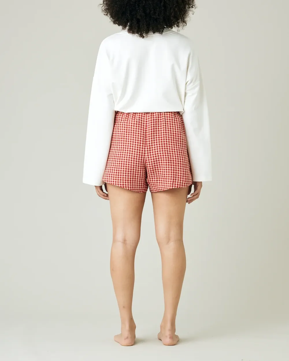 BED SHORTS RED MICRO GINGHAM LINEN