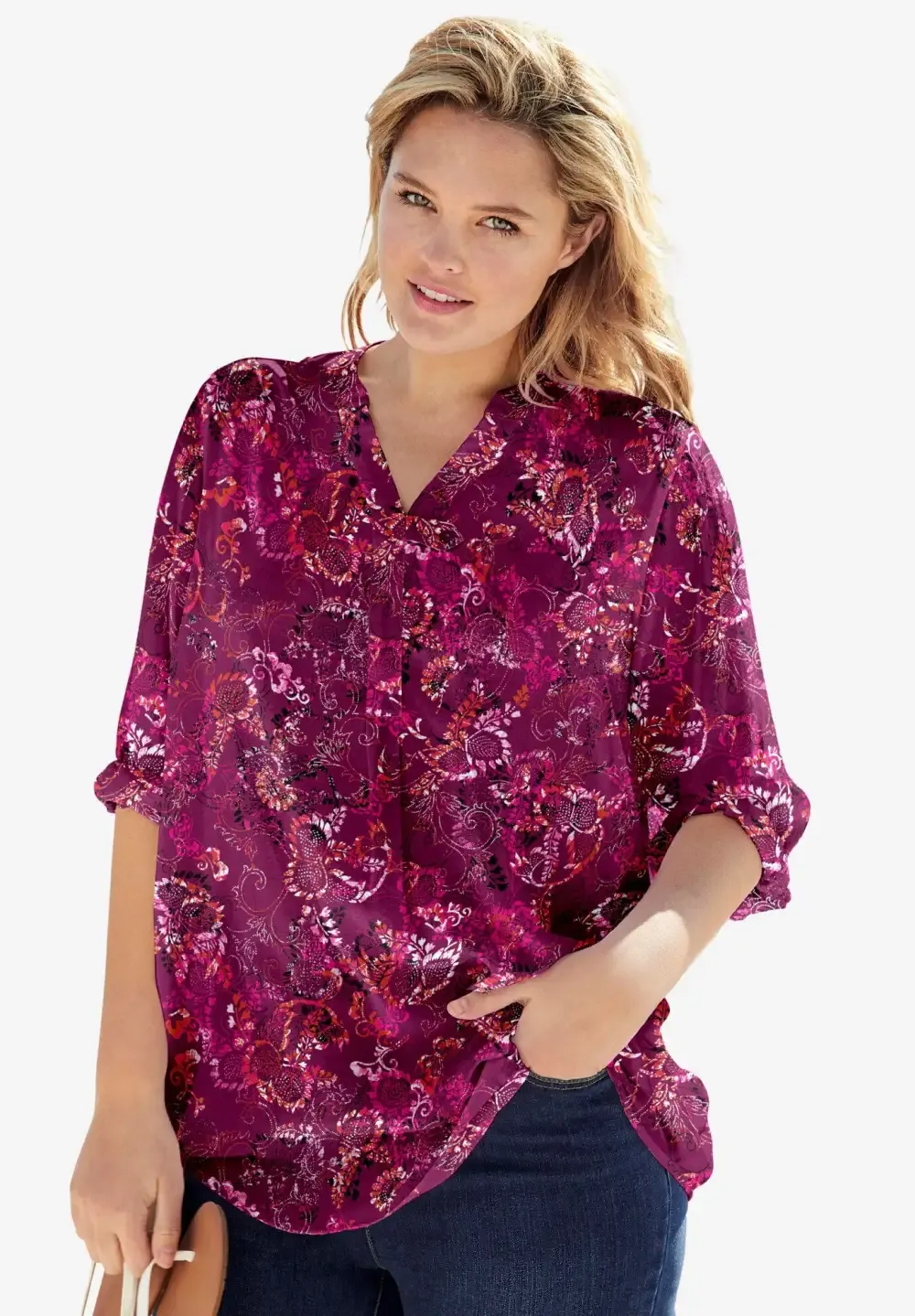 Rayon 7-Day Three-Quarter Sleeve Tab-Front Tunic