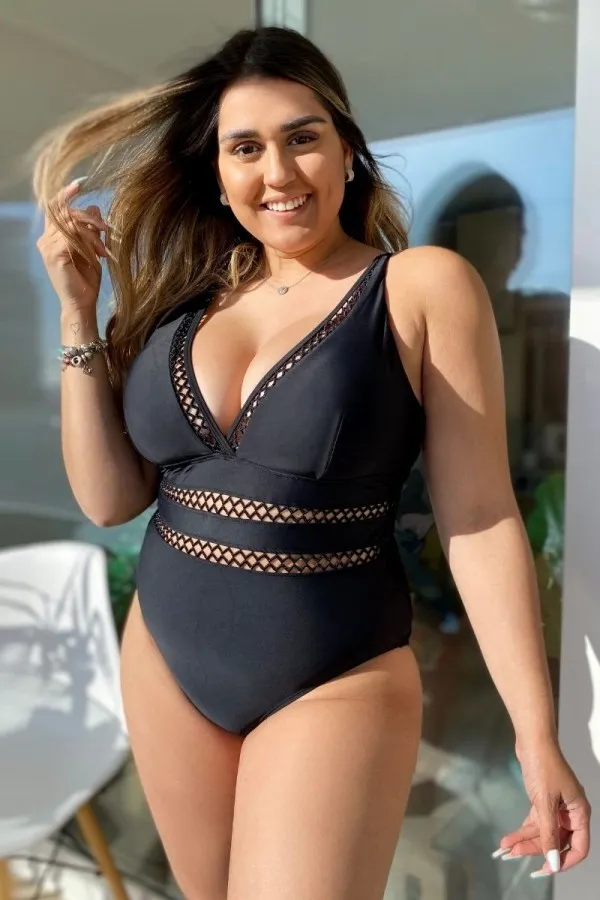 Black Lattice Plunge V-neck One Piece Swimsuit