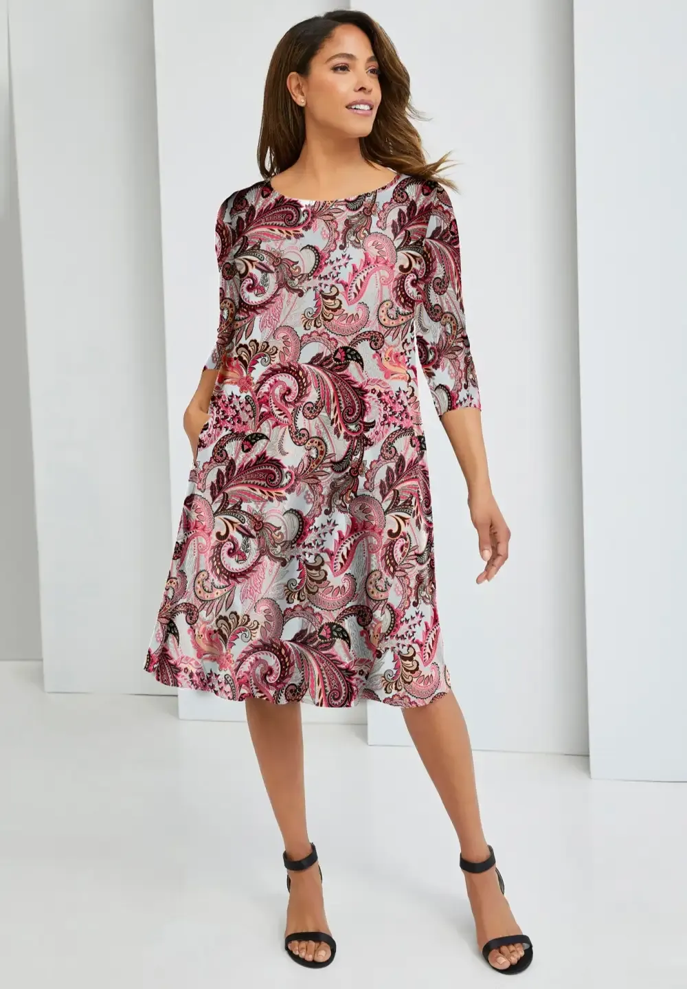 Stretch Knit Three-Quarter Sleeve T-shirt Dress