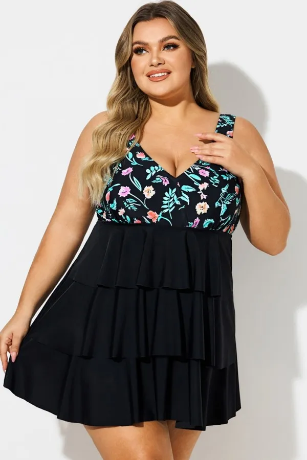 Plus Size Floral Print V-Neck Layered Swimdress