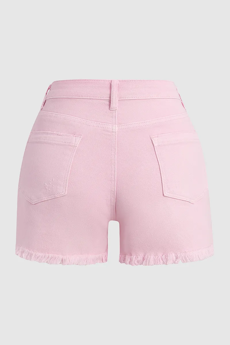 Solid Ripped Raw Hem Button Fly Mid Rise Denim Shorts